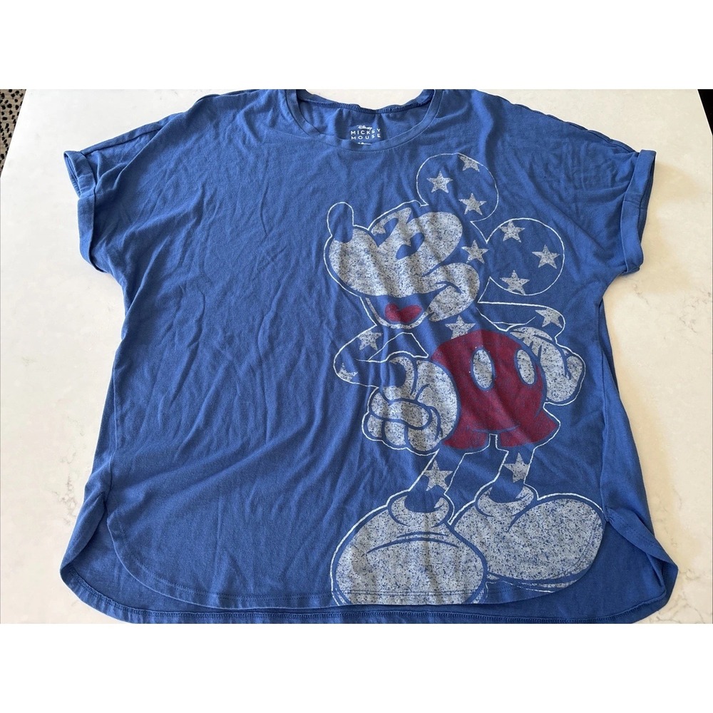 Disney Mickey Mouse Womens XXL Blue Cotton Blend Short Cap Sleeve Graphic Shirt